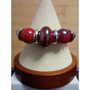 Vintage Chunky Cranberry Red Beads on a Silver Coil Cuff Bracelet Flexible Wrap